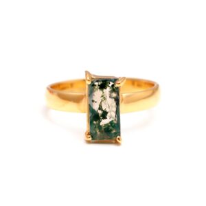 Natural Green Moss Agate Baguette Shape Ring 18k Gold