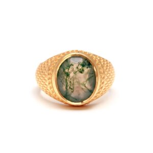 Natural Moss Agate Oval Men’s Ring 18K Gold