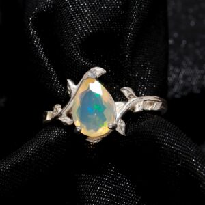 Ethiopian Opal Pear Shape Leaf Design Sterling Silver Ring
