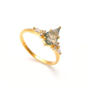 Natural Moss Agate Kite Shape Healing Ring 18K Gold