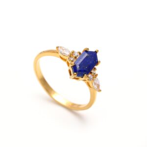 Natural Lapis Lazuli Elongated Hexagon Elegant Ring 18K Gold