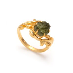 Rough Moldavite Hexagon Statement Ring18K Gold