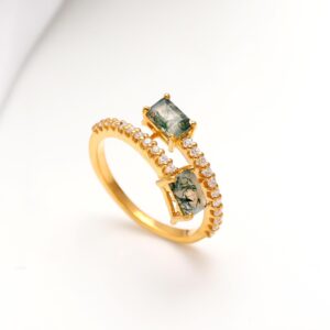 Natural Moss Agate Octagon  Ring 18k Gold
