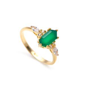 Natural Green Onyx Hexagon Ring 18K Gold