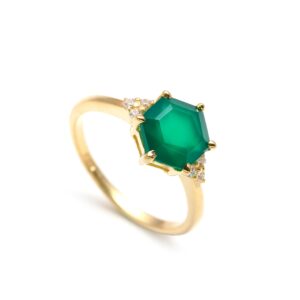 Natural Green Onyx Hexagon Ring 18K Gold
