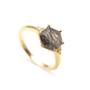 Black Rutile Quartz Hexagon Shape Statement Ring 18K Gold