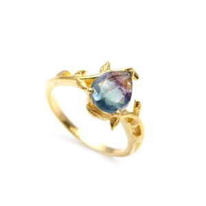 Natural Fluorite Pear Shape Leaf Design Ring 18K Gold