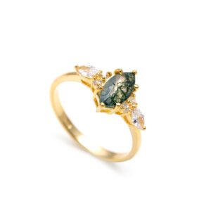 Natural Moss Agate Marquise Healing Ring 18K Gold
