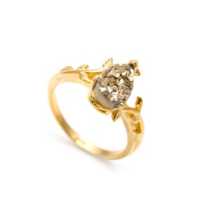 Pyrite Pear Leaf Gemstone Ring 18K Gold