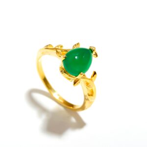 Natural Green Onyx Pear Shape Leaf Ring 18K Gold