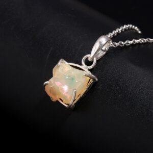 Fire Ethiopian Opal Raw Gemstone Necklace Sterling Silver