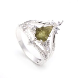 Natural Moldavite Kite Shape Sterling Silver Ring
