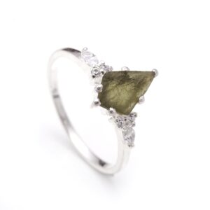 Natural Moldavite Kite Shape Crystal Sterling Silver Ring