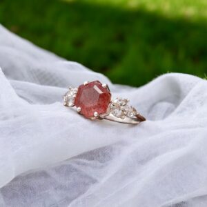 Red Strawberry Quartz Hexagon Sterling Silver Ring