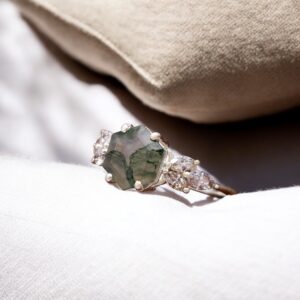 Moss Agate Hexagon Sterling Silver Ring