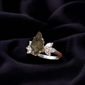 Raw Moldavite Kite Shape Sterling Silver Ring