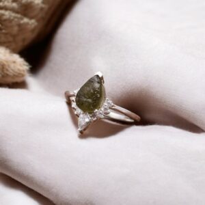 Moldavite Raw Crystal Pear Shape Statement Sterling Silver Ring