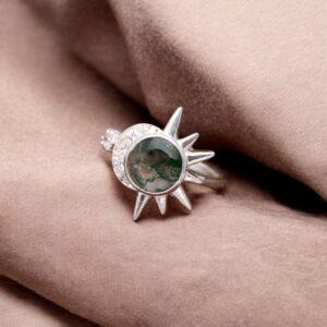 Moss Agate Round Sun & Moon Sterling Silver Ring