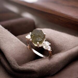 Natural Moldavite Hexagon Sterling Silver Ring