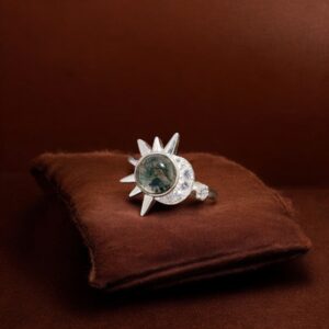 Natural Moss Agate Round Solitaire Sterling Silver Ring