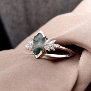Natural Moss Agate Hexagon Designer Sterling Silver Ring