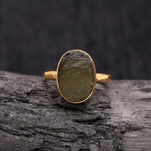 Rough Moldavite Oval Shape Boho Ring 18K Gold