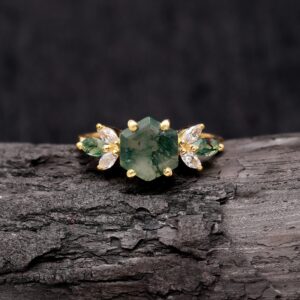 Natural Moss Agate Hexagon Ring For Bridesmaids 18K Gold Engagement Jewelry