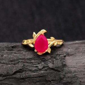 Natural Hot Pink Chalcedony Pear Shape Leaf Ring 18K Gold