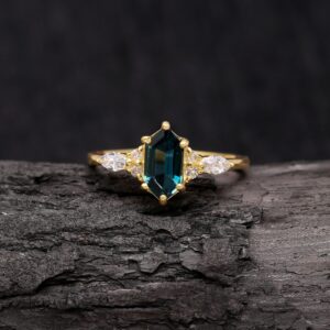 Natural London Blue Topaz Elongated Hexagon Unique Ring 18K Gold