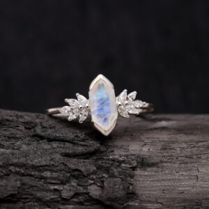 Rainbow Moonstone Hexagon Ring Sterling Silver