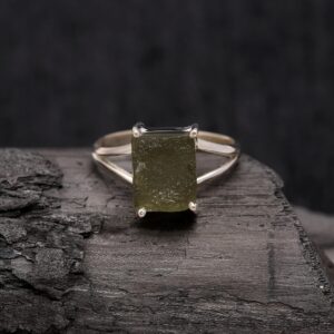 Rough Moldavite Octagon Gem Ring Sterling Silver