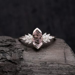 Pink Dot Quartz Hexagon Solitaire RingSterling Silver