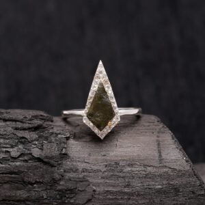 Natural Green Moldavite Kite Shape Sterling Silver Ring