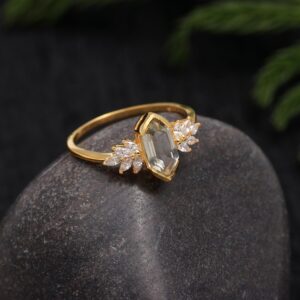 Green Amethyst Hexagon Cut Wedding Ring For Her 18K Gold