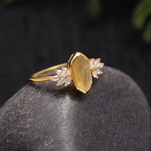 Natural Golden Rutile Quartz Hexagon Ring 18K Gold
