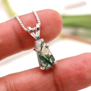 Moss Agate Coffin Pendant with Chain Without Sterling Silver