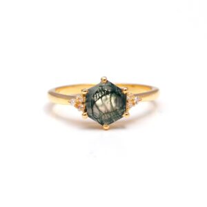 Genuine Green Moss Agate Hexagon Moissanite 18k Gold (Copy)