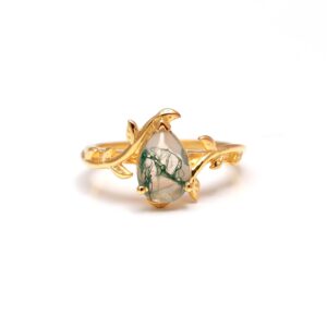 Natural Green Moss Agate Pear Shape 18k Gold Ring