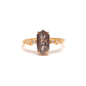 Black Rutile Quartz Moissanite 18k Gold Ring