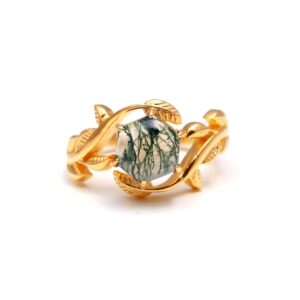 Natural Moss Agate Hexagon 18K Gold Ring