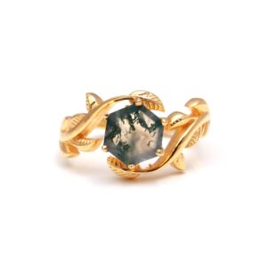 Green Moss Agate Hexagon Shape Leaf Design 18k Gold Ring