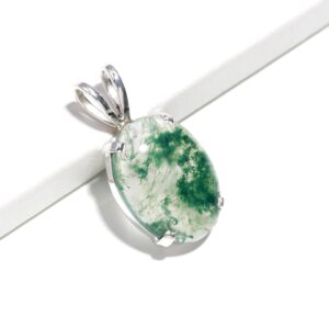 Moss Agate Pear Cabochon Green Gemstone Pendant 925 Sterling Silver