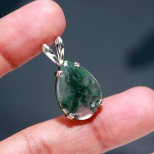 Moss Agate Pear Cabochon Green Gemstone Pendant 925 Sterling Silver Jewelry
