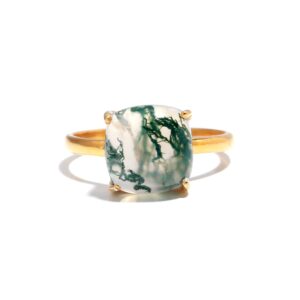 Genuine Moss Agate Cushion Shape 18k Gold