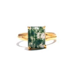 Natural Green Moss Agate Octagon Shape Ring 18k Gold