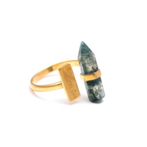 Genuine Moss Agate Tower Shape Ring 18K Gold