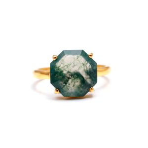 Genuine Moss Agate Octagon Shape 18K Gold Ring