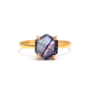 Natural Fluorite Hexagon 18k Gold Ring