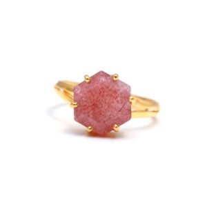 Natural Strawberry Quartz Hexagon 18k Gold Ring