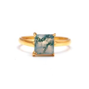 Natural Moss Agate Square 18K Gold Ring